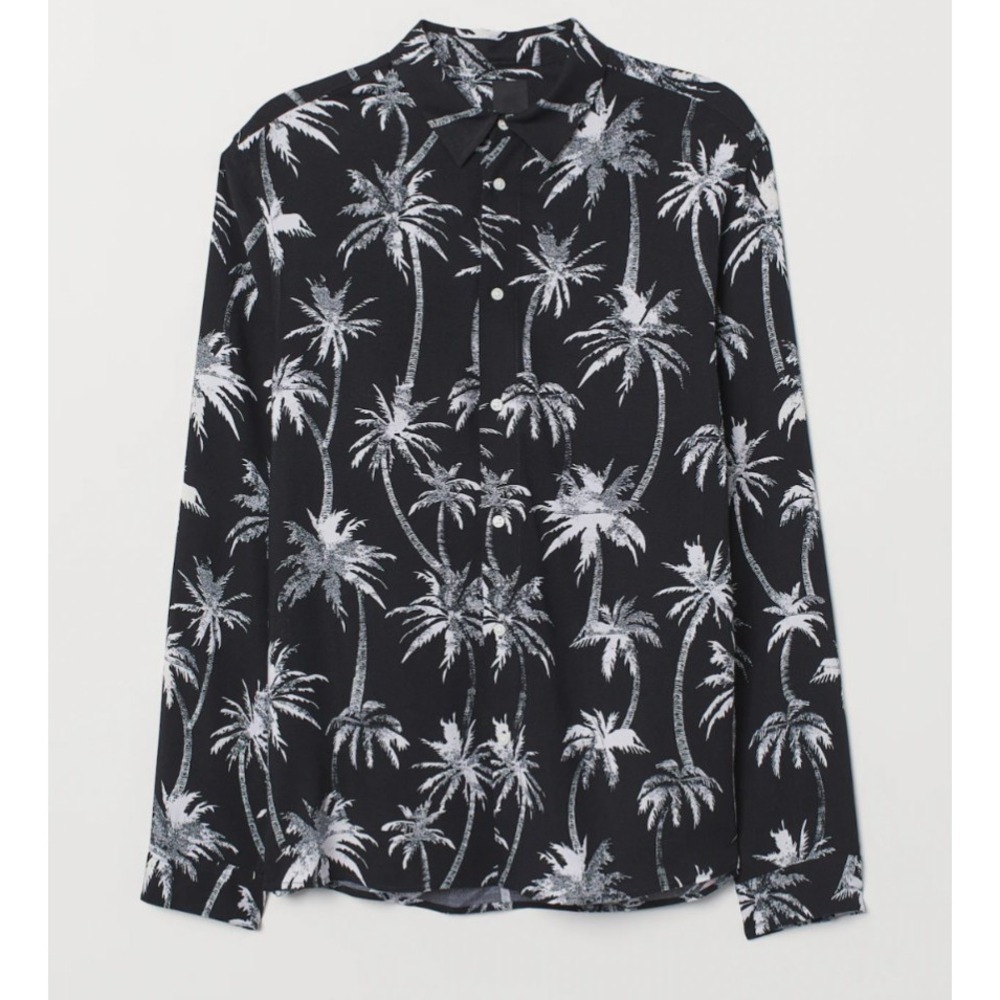 H&M Button Up Shirt Men's XL Black White Palm Print Collared Long Sleeve NEW - Picture 2 of 8